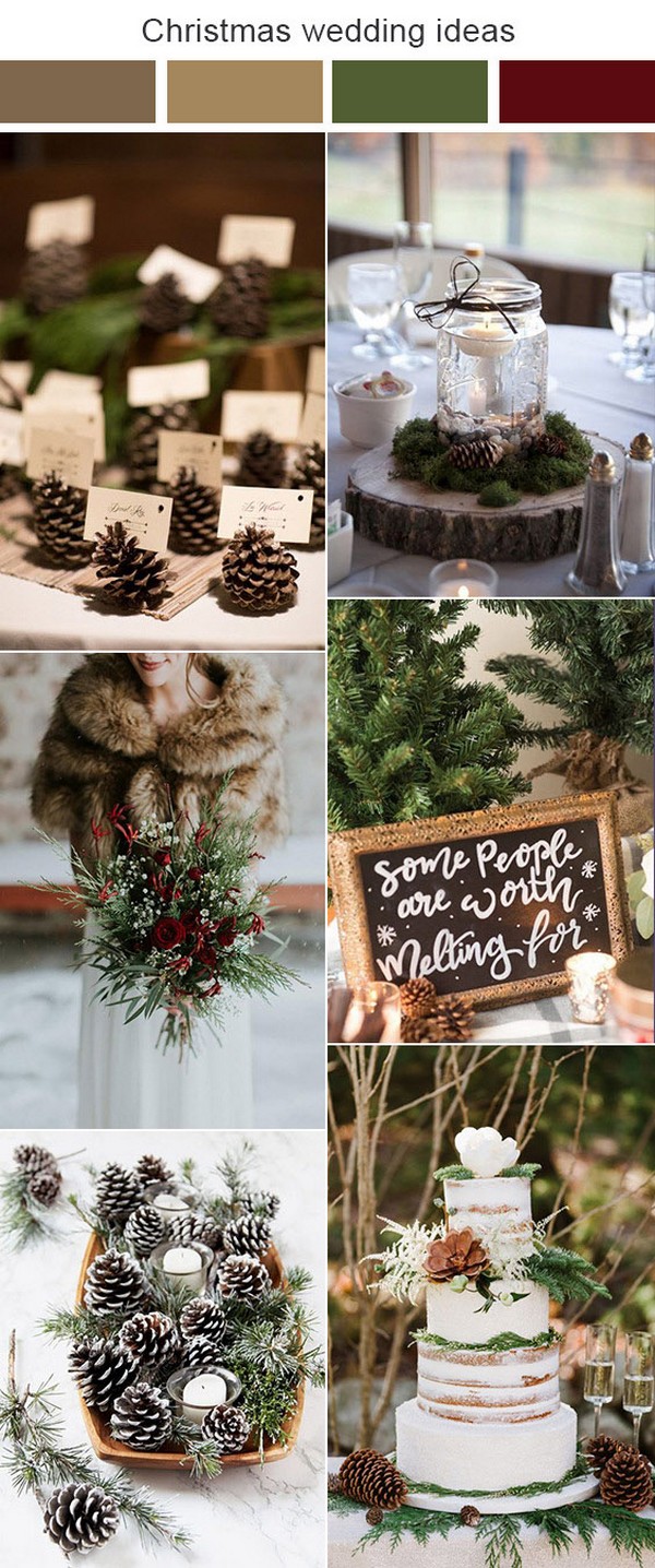 Christmas green and red wedding ideas for winter with pine cones - pine codes wedding seating cards,mason jar wedding centerpiece, green and red wedding bouquets, winter wedding cakes
