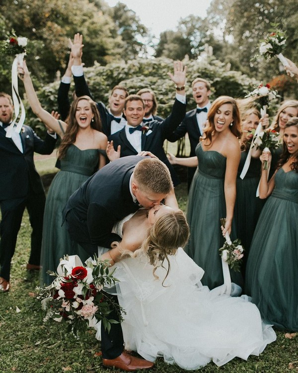Convertible emerald bridesmaids dress with full tulle skirt