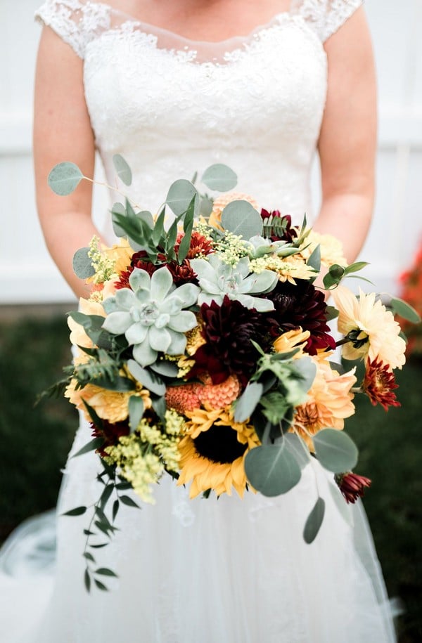 Dahlias, Mums, Sunflowers, and Succulents wedding bouquet