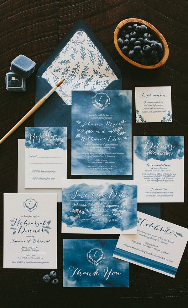 Indigo Blue with wedding crest monogram illustration wedding invitation