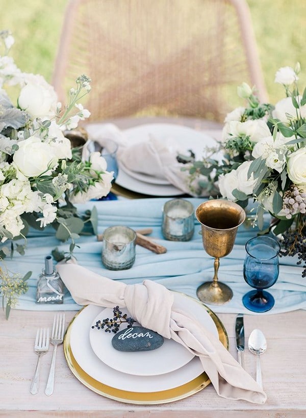 beach indigo blue and greenery wedding table ideas