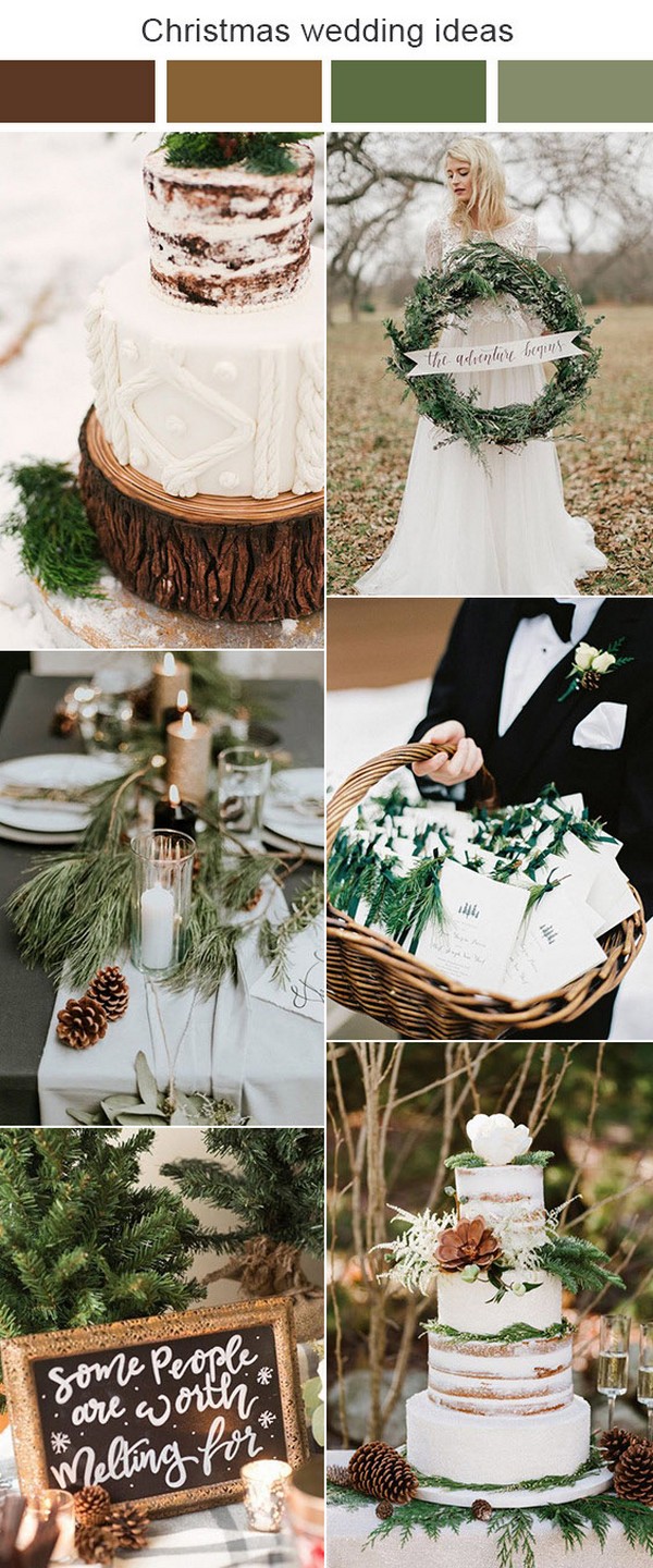 brown and green wedding color ideas for winter - rustic winter wedding cake, sage green wedding table decor, winter wedding sign