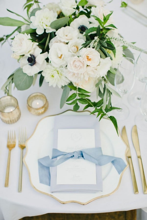 chic green and white wedding flowers with light blue table menu
