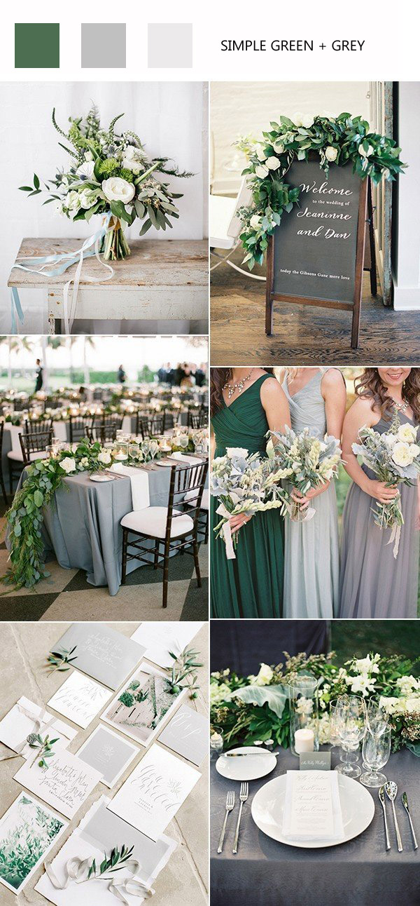 elegant green and grey wedding color ideas - grey and green bridesmaid dresses, grey wedding table cover and green wedding table runner, greenery wedding bouquets