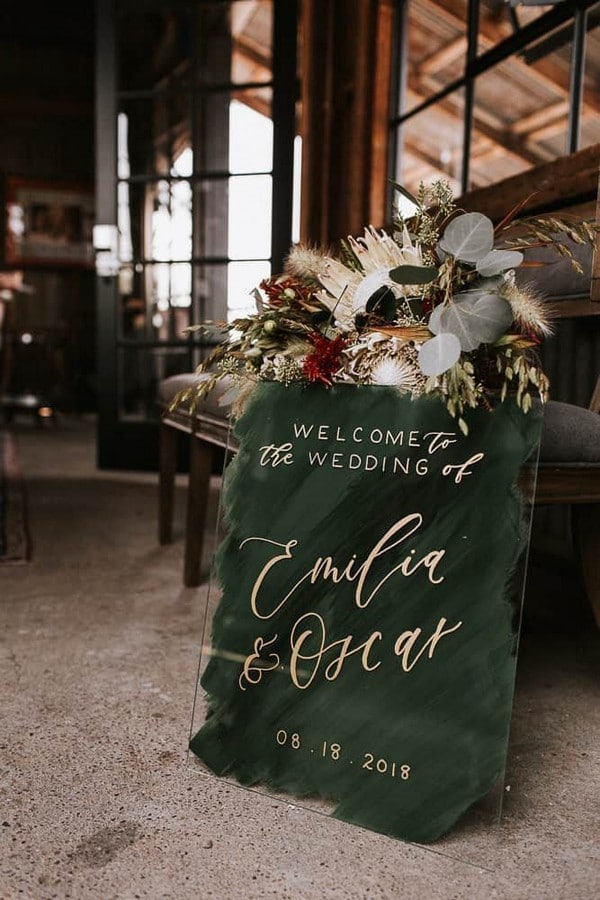 emerald and gold wedding welcome sign