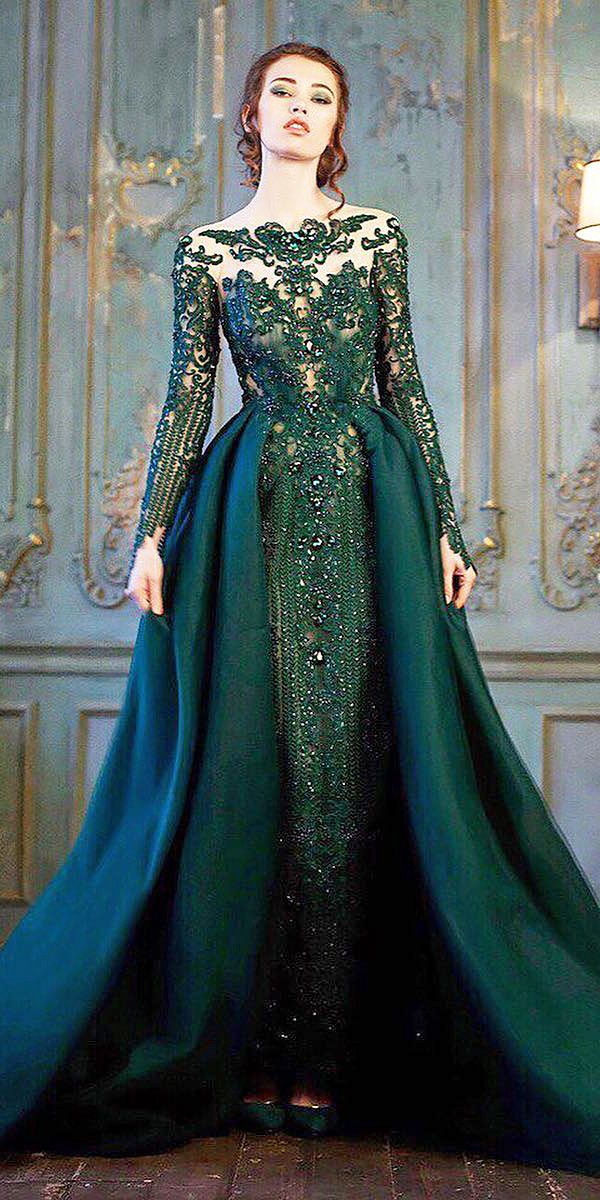 emerald long sleeves wedding dress