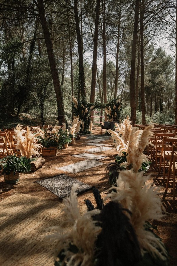 forest boho pampas grass wedding ceremony decoration