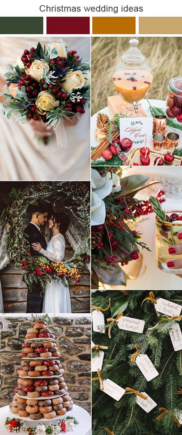 green and gold brown winter wedding color ideas - peach and red wedding bouquet, apple winter wedding drink, donut wedding cake