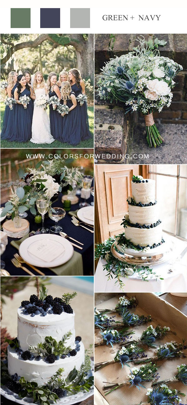 green and navy blue wedding color ideas green and navy blue wedding color ideas - navy bridesmaid dresses, green and navy wedding bouquets, buttercream wedding cake with greenery and navy details