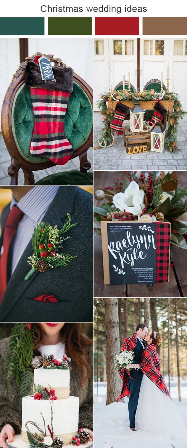 green and red plaid wedding ideas for winter - plaid wedding table decoration, green and red groom boutonniere