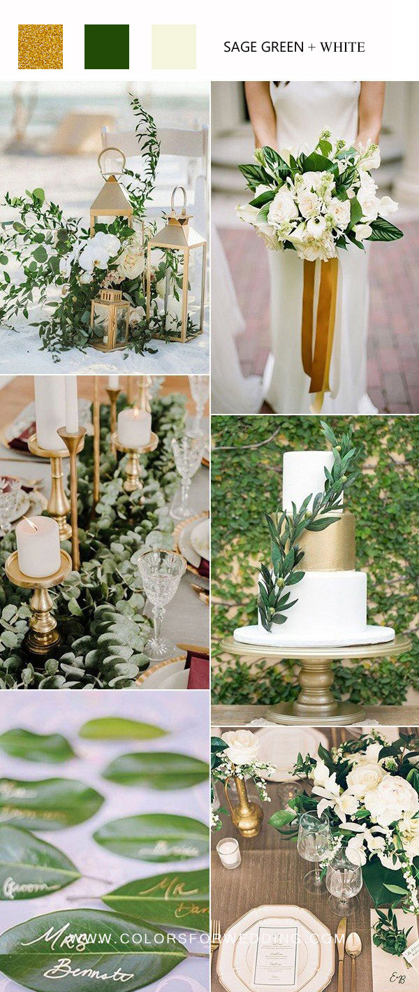 green gold and white wedding color ideas - gold lantern and white flowers wedding decor, white wedding bouquet with gold details, eucalyptus wedding table runner with gold candle holders, gold and green wedding cake 