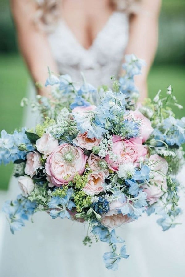 light blue and blush pink greenery wedding bouquet