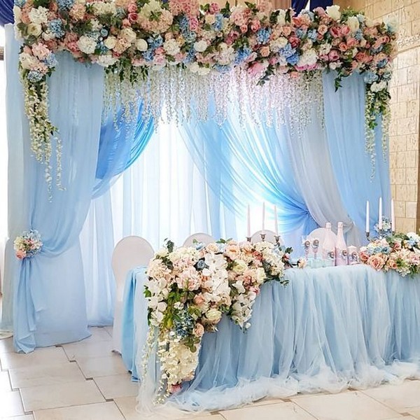 light blue and blush pink indoor sweetheart wedding table