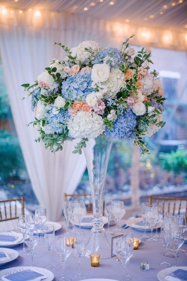 light blue and blush pink tall wedding centerpieces