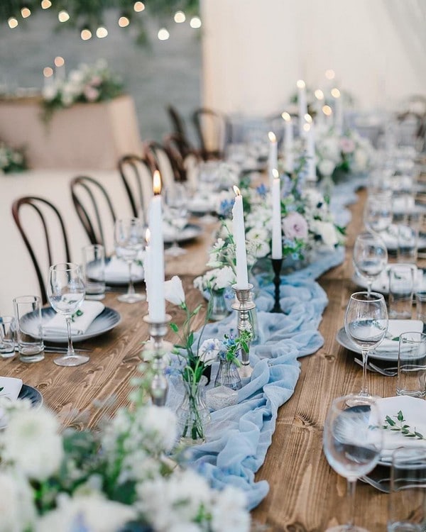 light blue and green indoor wedding table runner for spring summer wedding
