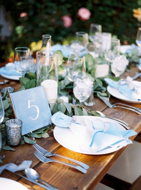 light blue and green spring wedding table setting