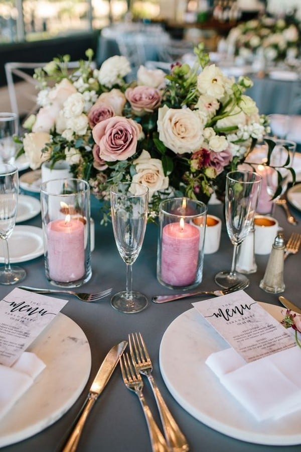 mauve and green glass candles wedding centerpieces