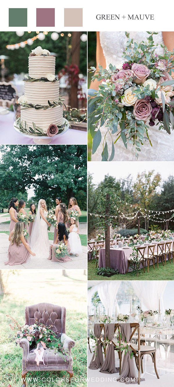 mauve and green wedding color ideas - mauve wedding cake and wedding bouquets, mauve bridesmaid dresses and table decoration