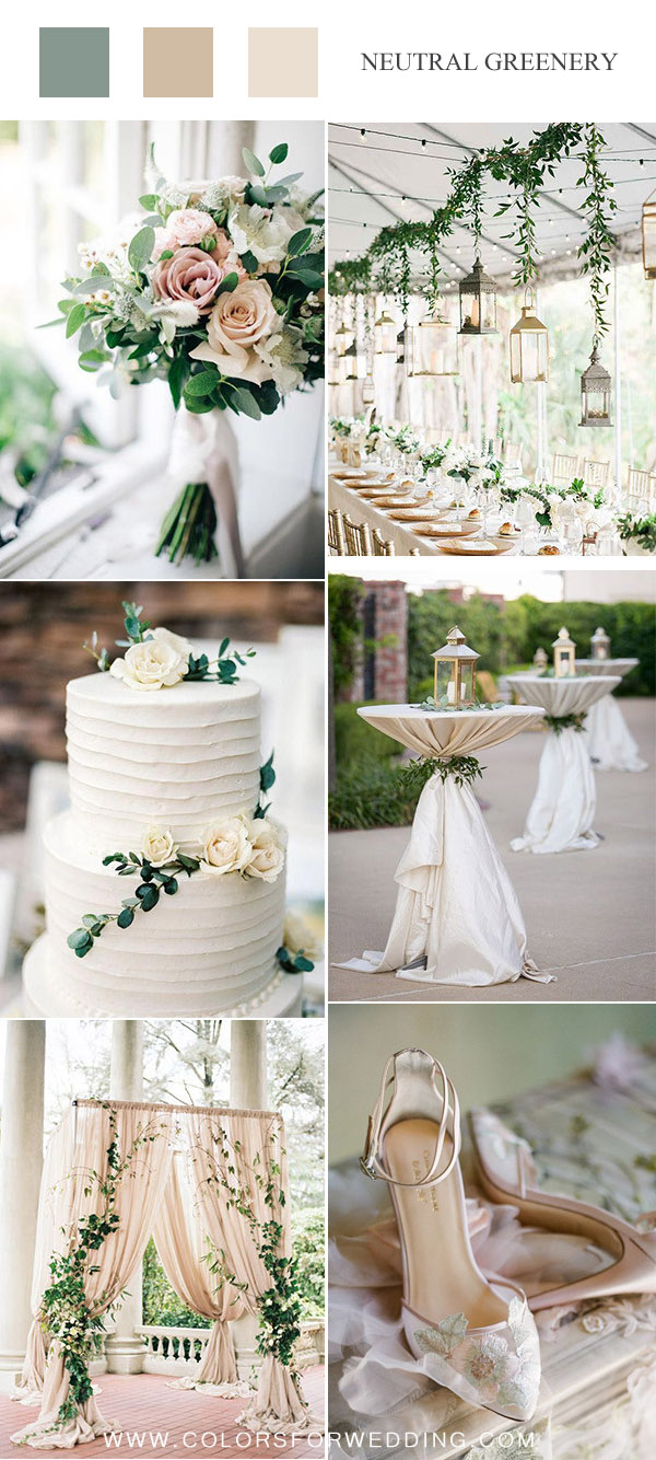 neutral colors spring summer wedding color ideas - white buttercream wedding cake with greenery, hanging lantern wedding decor, neutral wedding backdrop with greenery