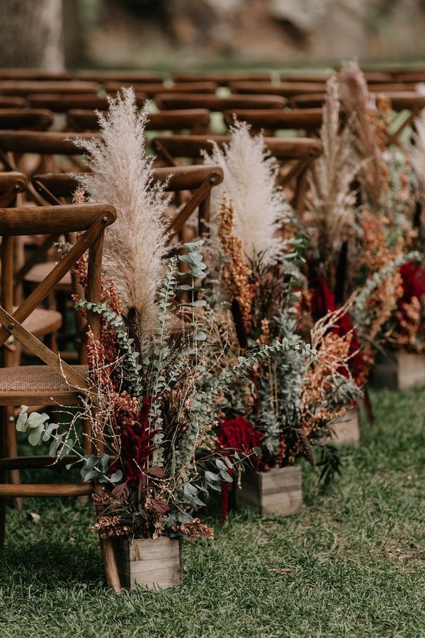 rust boho pampas grass wedding aisle decoration