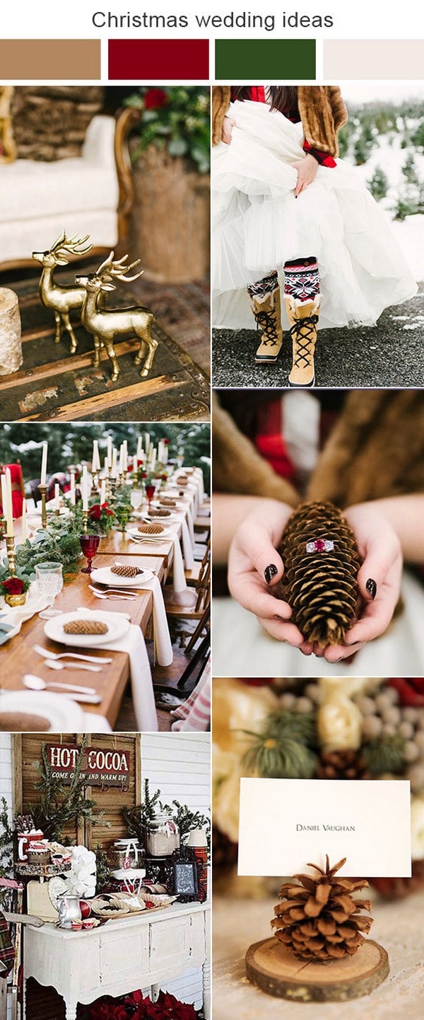rustic brown and green red winter color ideas - Pine cone wedding decoration ideas and gold deer wedding details