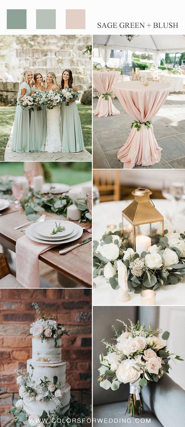 sage and blush pink wedding color ideas for spring summer - sage green bridesmaid dresses, blush pink cocktail table for wedding, greenery wedding centerpiece with gold lantern, sage green and blush wedding cake and bouquets