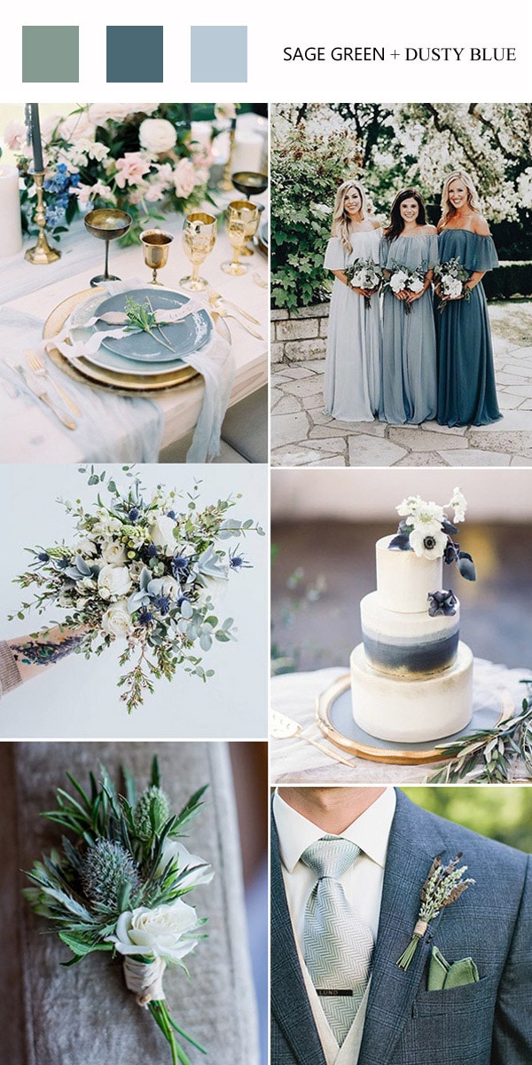 sage green and dusty blue wedding color ideas - ombre blue bridesmaid dresses, sage green and dusty blue bouquets for wedding, dusty wedding cake