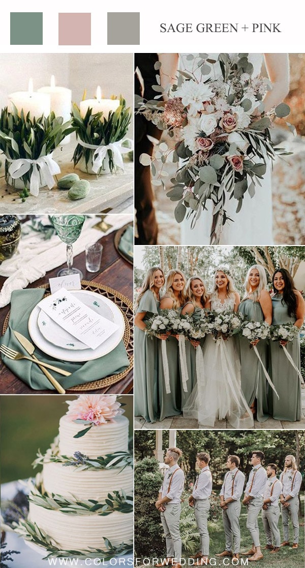 sage green and pink wedding color ideas for spring - green leaves and candle wedding decoration, dusty rose and sage green wedding bouquets, sage green bridesmaid dresses, buttercream wedding cake with pink flowers