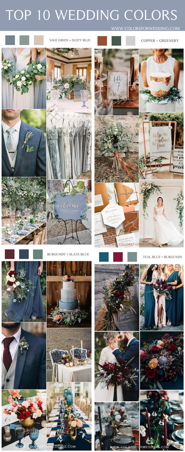 sage green dusty blue copper burgundy and dark teal wedding color ideas