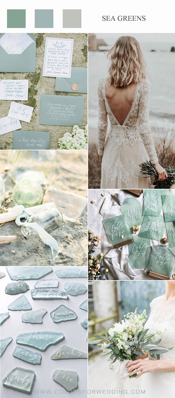 shades of green beach wedding color ideas - sage green wedding invitations, lace boho wedding dress, sage green wedding favors and table number decoration ideas