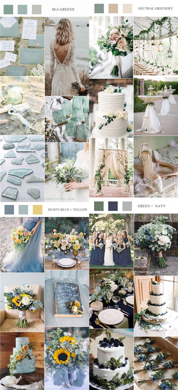 spring summer wedding color ideas 2020- sage green wedding colors, neutral greenery wedding colors, green and navy wedding colors