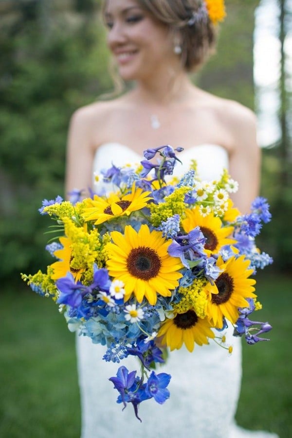 sunflower and blue flowers wedding bouquet