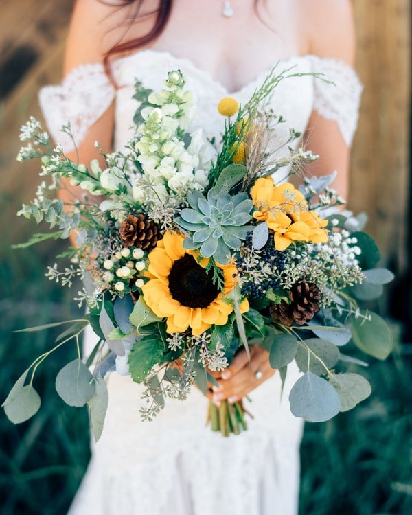sunflower and succulent wedding bouquet