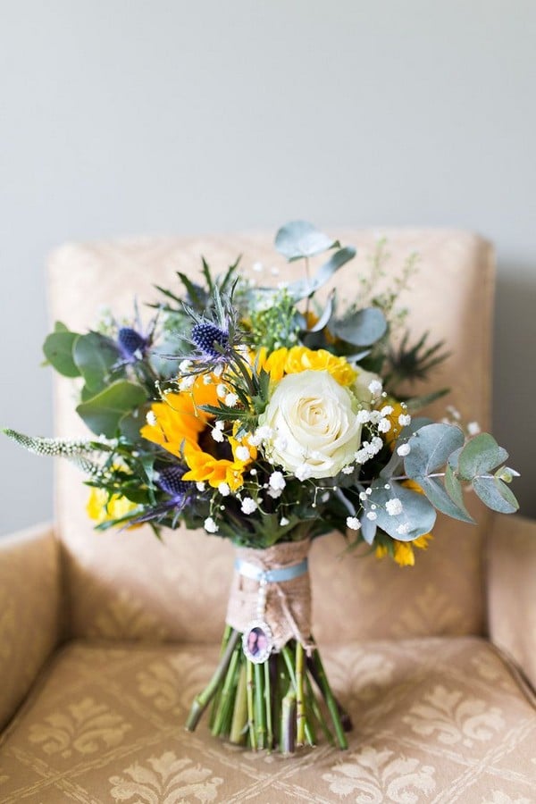 sunflower and white roses wedding bouquet