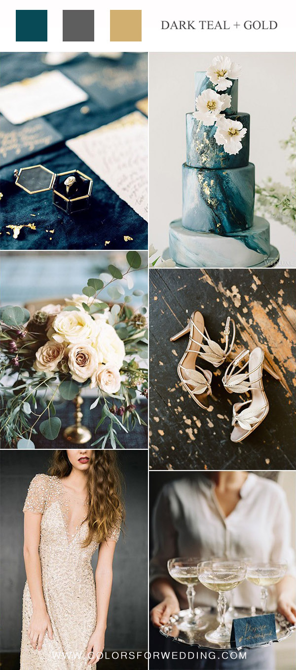 vintage dark teal and gold wedding color ideas