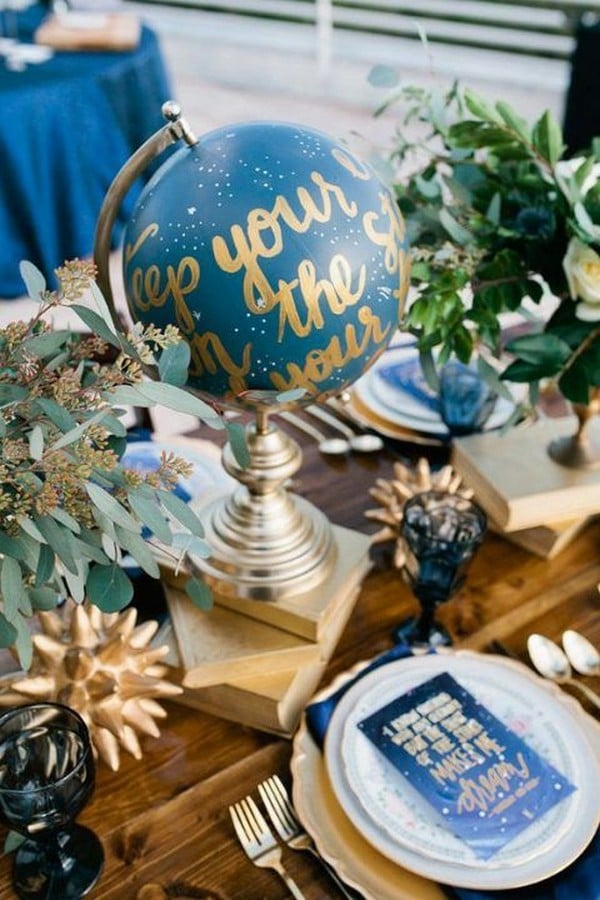 vintage indigo blue and seeded eucalyptus wedding table ideas