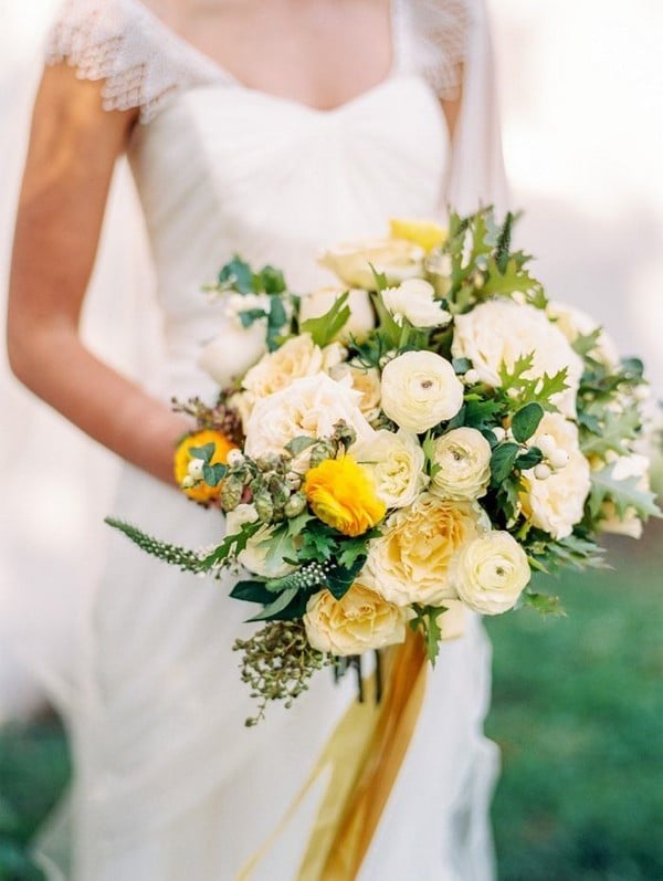 white and yellow wedding bouquet with dyed silk