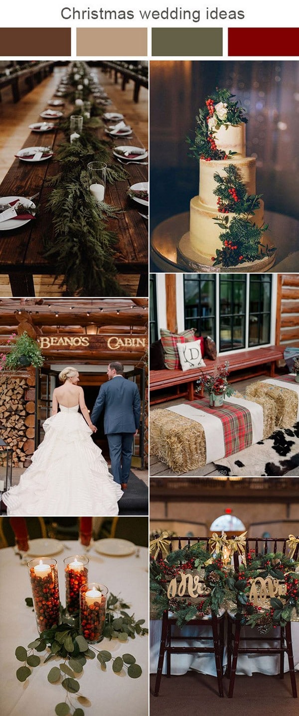 winter red and dark green and brown wedding color ideas - Pine needle wedding table runner and wedding cake, green and red wedding centerpiece