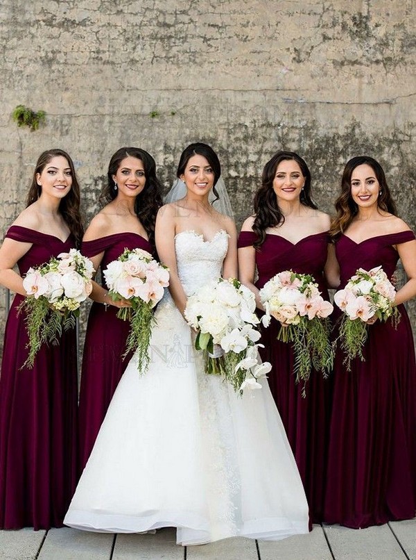 A-Line Off-the-Shoulder Long Burgundy Bridesmaid Dress