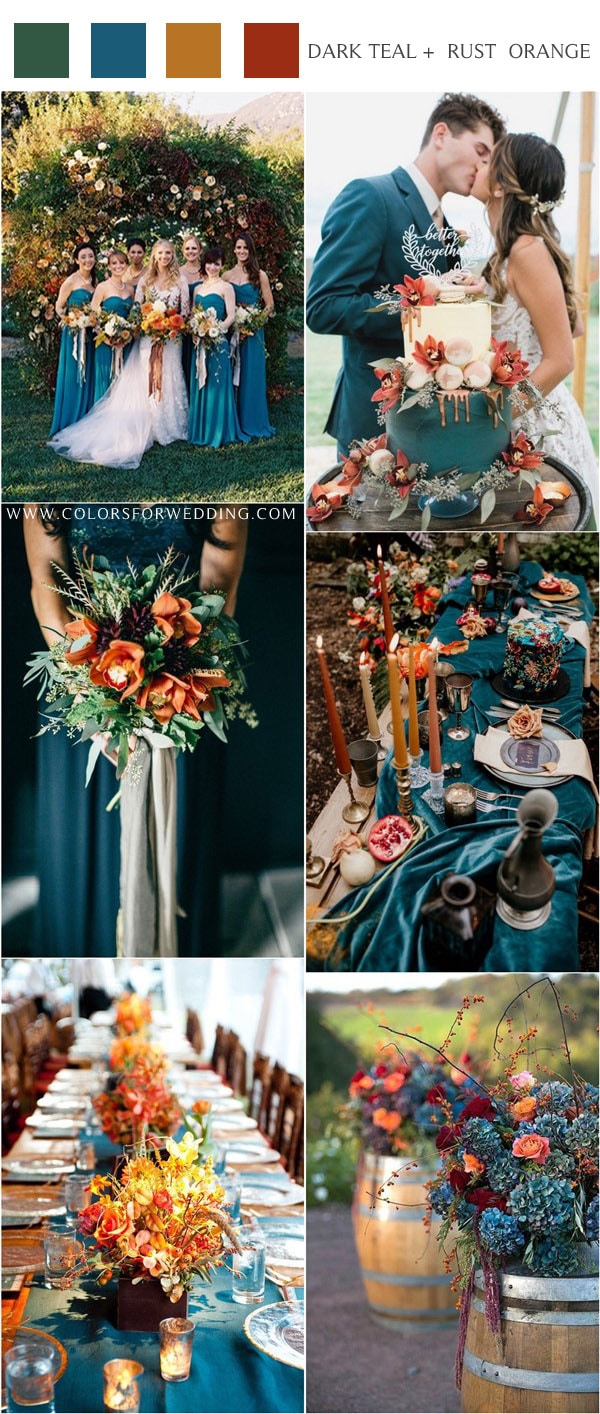 Dark teal and burnt orange fall wedding color ideas