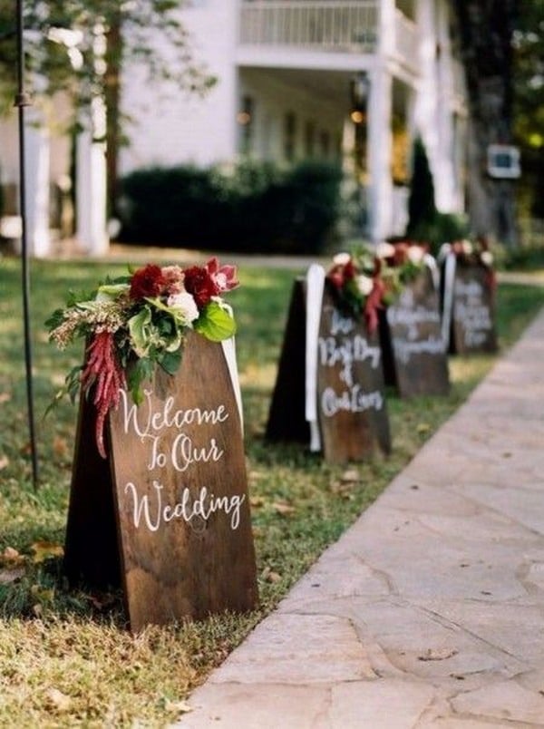 rustic burgundy and greenery wedding sign