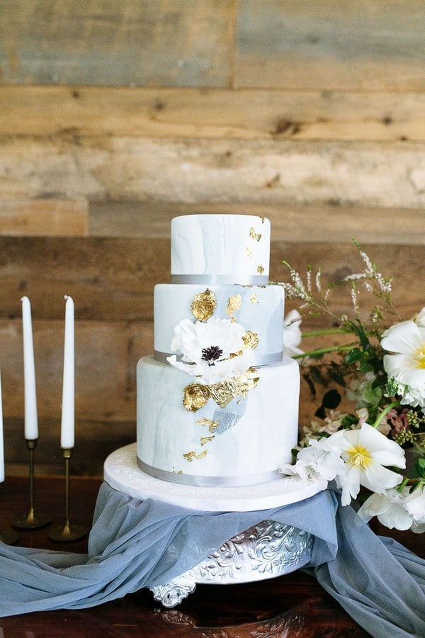 Simple Dusty Blue Wedding Cake with Gold Foil