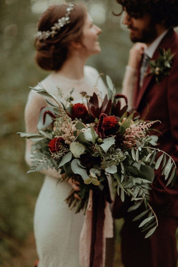 burgundy and greenery wedding bouquet