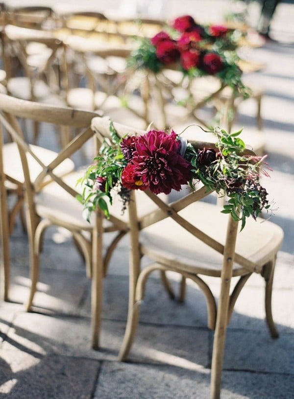burgundy and greenery wedding chair decoration
