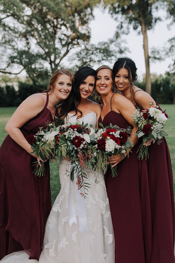 burgundy bridesmaid dresses and greenery wedding bouquet