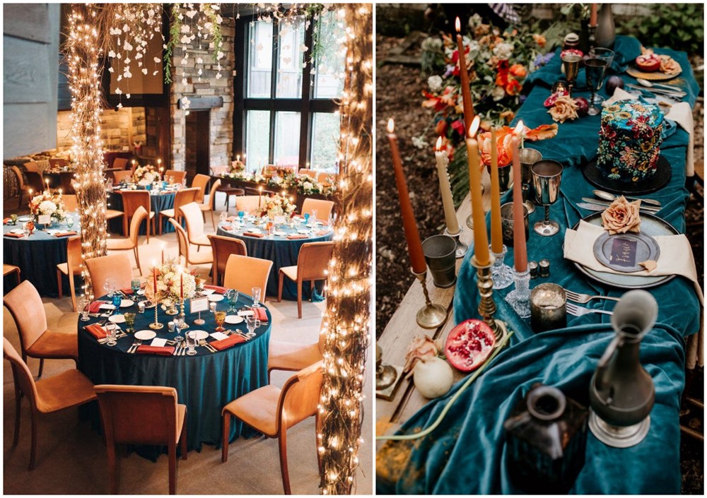 burnt orange and dark teal wedding colors