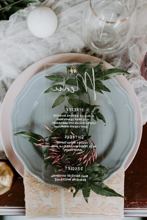 clear acrylic wedding menu and sage green this botanical wedding table setting