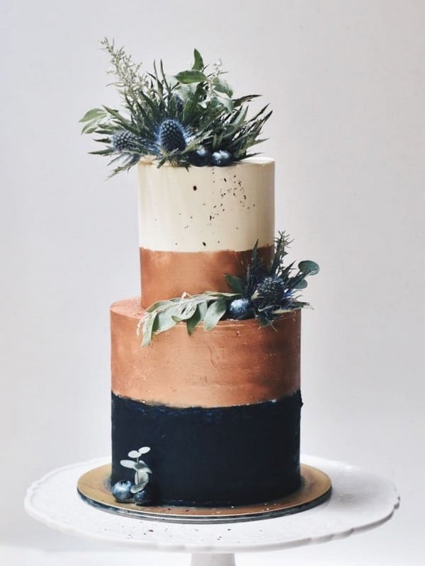 copper gold and classic blue wedding cake