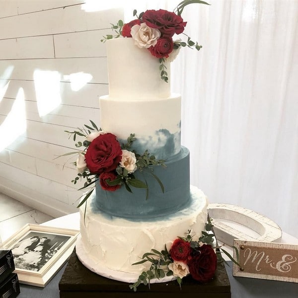 dusty blue and burgundy wedding cake