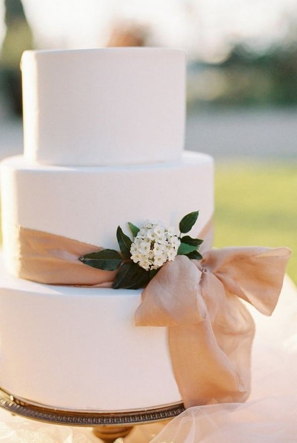 elegant wedding cake with blush ribbon